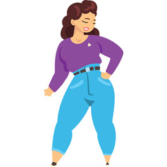 Plus Size Woman In Purple Long Sleeve Shirt And Blue Denim Jeans Standing With Hand On Hip And Closed Eyes In A Joyful Pose On A Transparent Background