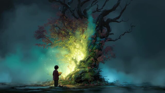 Boy reading fantasy book under magical glowing tree at night in vibrant dreamy scene, 4K