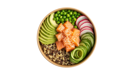 A vibrant poke bowl with salmon, avocado, peas, radishes, cucumber, and quinoa, served in a natural fiber bowl. background removed