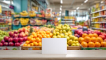 Obraz premium Blank white sign sits on wooden counter in front of blurred fruit display at grocery store promoting fresh produce and healthy lifestyle.