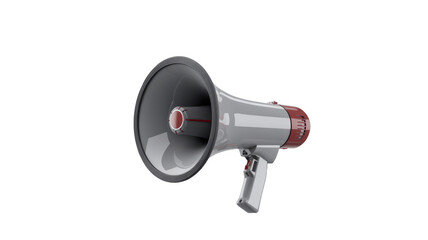 A 3D render of a modern gray and red megaphone, perfect for broadcasting announcements, making public statements, or drawing attention. background removed