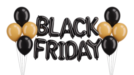 Shiny black foil balloons spelling 'BLACK FRIDAY,' flanked by black and gold latex balloon clusters for seasonal shopping promotions. background removed