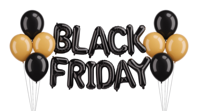 Shiny black foil balloons spelling 'BLACK FRIDAY,' flanked by black and gold latex balloon clusters for seasonal shopping promotions. background removed