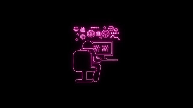Neon Illustration of Programmer at Computer with Digital Icons &ndash; Glowing Tech Concept animation on the black background.