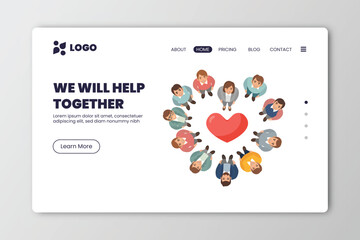 Team work flat horizontal web site banner with group of happy people vector illustration