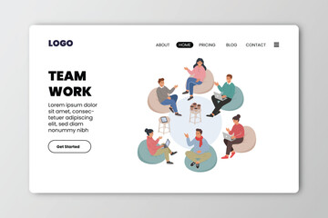 Team work flat horizontal web site banner with group of happy people vector illustration
