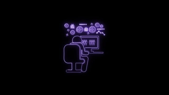Neon Illustration of Programmer at Computer with Digital Icons &ndash; Glowing Tech Concept animation on the black background.