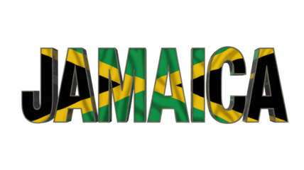 3D text 'JAMAICA' rendered with the vibrant Jamaican flag, featuring its distinctive green, yellow, and black colors on a solid background. background removed