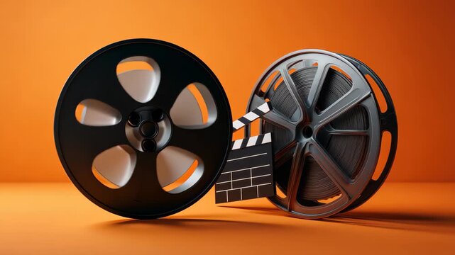 Film reel and movie clapper on vibrant orange background capturing the essence of cinema technology and creativity during a film festival or tech convention