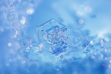 Detailed macro view of ice crystals in blue hues on winter surface, highlighting unique geometric frost shapes for nature photography and environmental science projects.