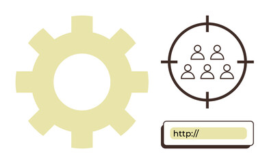 Gear, group in crosshairs, and URL bar represent audience targeting, process optimization, digital engagement. Ideal for marketing, SEO, business strategy, automation analytics user research
