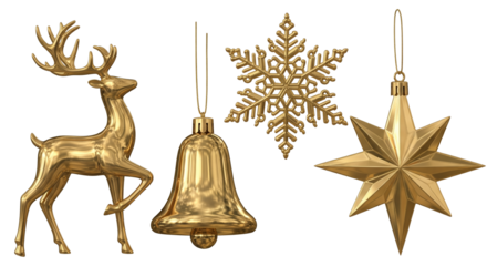 Set of golden Christmas ornaments including reindeer, bell, snowflake, and star isolated on white