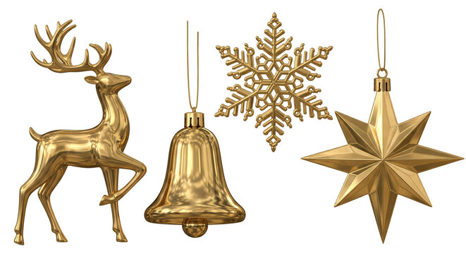 Set of golden Christmas ornaments including reindeer, bell, snowflake, and star isolated on white