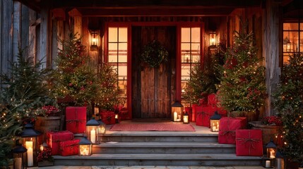 Festive christmas entrance with illuminated lanterns and red presents flanking a grand doorway