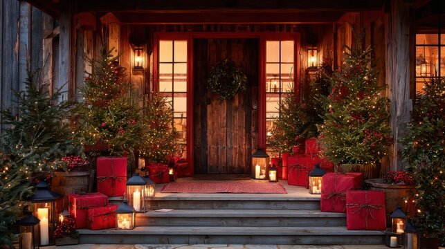 Festive christmas entrance with illuminated lanterns and red presents flanking a grand doorway - Powered by Adobe