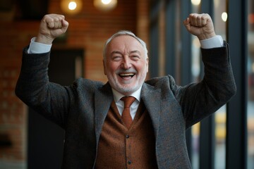 Successful businessman celebrates a triumph at work, expressing joy and pride after reaching a major career milestone or achievement, Generative AI