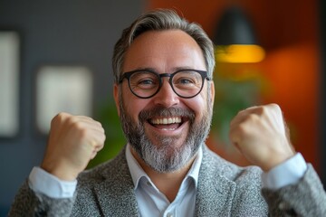 Successful businessman celebrates a triumph at work, expressing joy and pride after reaching a major career milestone or achievement, Generative AI
