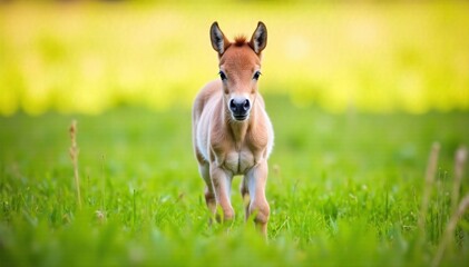Curious foal exploring a sun drenched meadow with wildflowers and dew drops. A young, fluffy foal standing in a sun drenched meadow filled with vibrant wildflowers and morning dew drops on tall green