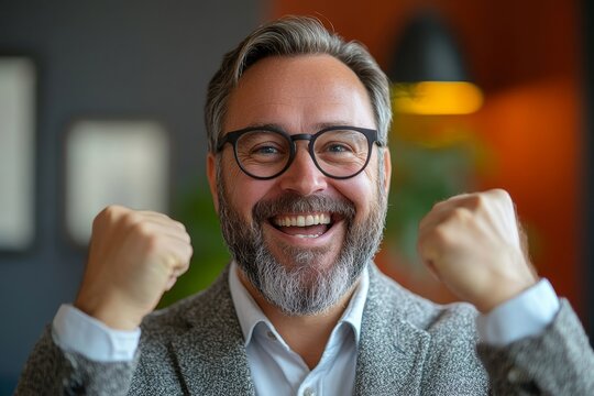 Successful businessman celebrates a triumph at work, expressing joy and pride after reaching a major career milestone or achievement, Generative AI