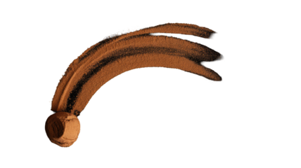 Dynamic brown powder art: a spherical base with multiple arched, tapering streaks, resembling a comet or brushstroke, set against a solid transparent background. background removed