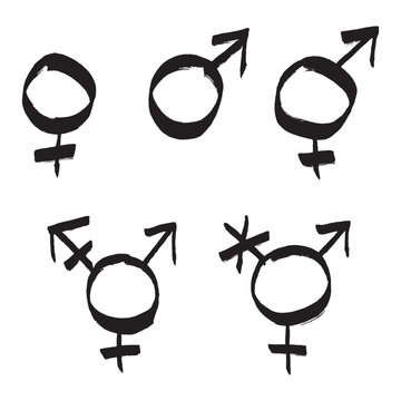 Set of hand drawn female, male, bigender and transgender gender identity sign Symbol used to represent sex and gender Single element for print, web, design, decor