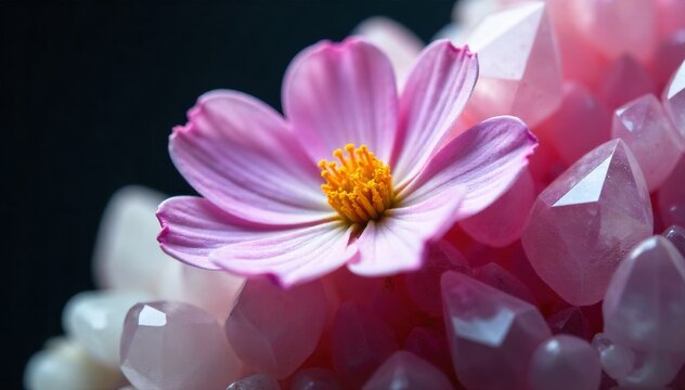 Crystallized Flower Bloom A surreal, artistic representation of a flower composed entirely of intricate crystal facets. A single, stylized bloom with petals formed from sharp, intricately faceted