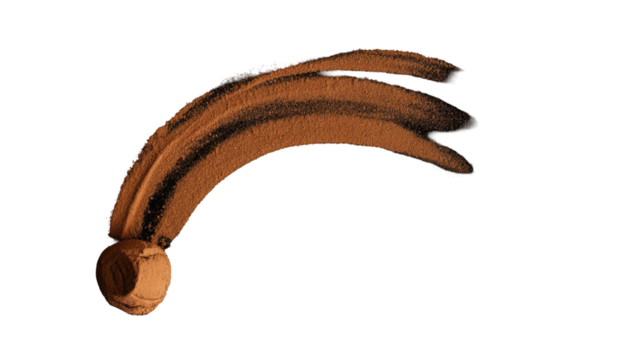 Dynamic brown powder art: a spherical base with multiple arched, tapering streaks, resembling a comet or brushstroke, set against a solid transparent background. background removed