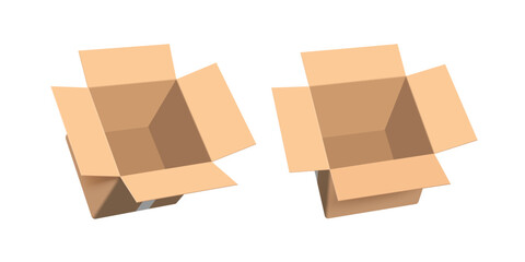 Two parcel boxes or cardboard boxes are opened to reveal empty contents, all arranged in perspective view on white background, vector 3d isolated for delivery, e commerce advertising design