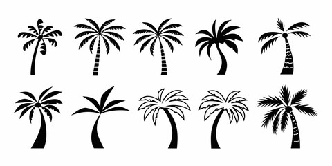 Fototapeta premium Collection of black and white palm tree silhouette illustrations on white background