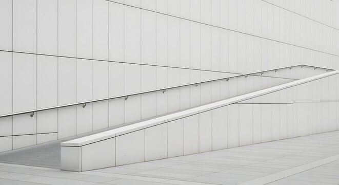Abstract view of a modern white building exterior featuring an accessibility ramp and geometric tiled walls - Powered by Adobe