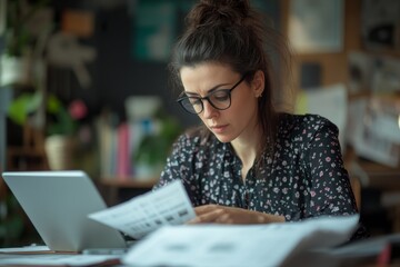 Serious accountant analyzes financial documents in an office, maintaining a focus on accuracy while preparing reports or assessments, Generative AI
