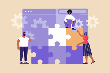 Diverse team assembling puzzle pieces for website development and problem solving