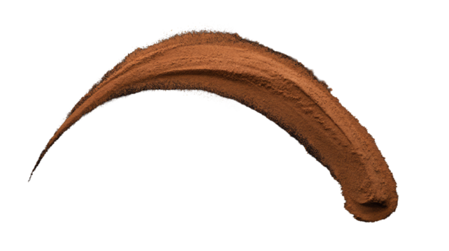 A dynamic arc of finely ground brown powder, resembling coffee or cocoa, sweeping across a solid transparent background, showcasing texture and motion. background removed