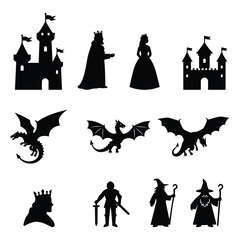 A fantasy silhouette set featuring castles, king, queen, dragons, knight, and wizard characters. Perfect for story, fairy tale, and medieval themed designs.