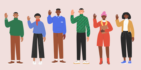 Diverse group of people waving hello standing together in casual clothes