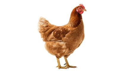 A vibrant brown domestic chicken, with a prominent red comb and wattle, stands gracefully against a solid green backdrop. background removed