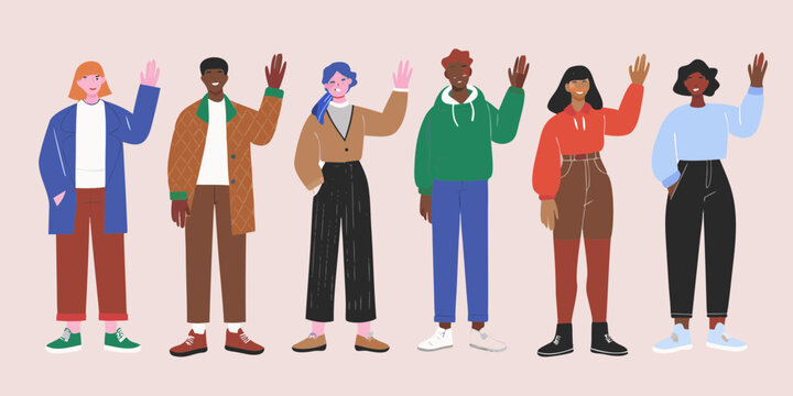 Diverse group of people waving hello wearing casual clothing and smiling