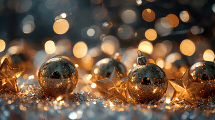 Happy New Year 2026. Beautiful Christmas background, banner made of glass Christmas balls.