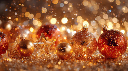 Happy New Year 2026. Beautiful Christmas background, banner made of glass Christmas balls.