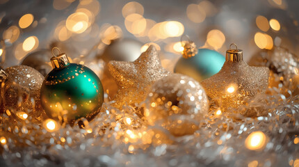 Happy New Year 2026. Beautiful Christmas background, banner made of glass Christmas balls.