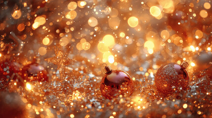Happy New Year 2026. Beautiful Christmas background, banner made of glass Christmas balls.