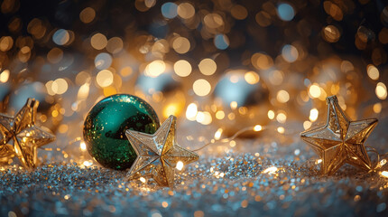 Happy New Year 2026. Beautiful Christmas background, banner made of glass Christmas balls.