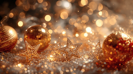 Happy New Year 2026. Beautiful Christmas background, banner made of glass Christmas balls.