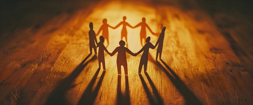 Colorful paper cutout people holding hands in a circle on a wooden table. Concept banner template of teamwork, diversity, friendship, and community with copy space.