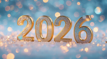 Banner. Shiny gold numbers 2026 and a beautiful bokeh on a blue background. Happy New Year and Christmas.