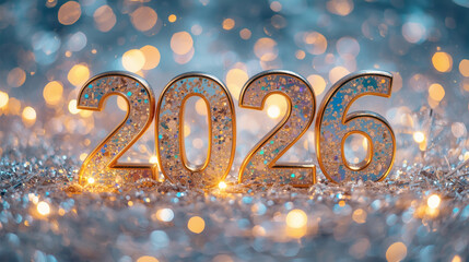 Banner. Shiny gold numbers 2026 and a beautiful bokeh on a blue background. Happy New Year and Christmas.