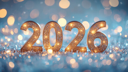 Banner. Shiny gold numbers 2026 and a beautiful bokeh on a blue background. Happy New Year and Christmas.