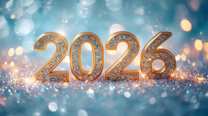 Banner. Shiny gold numbers 2026 and a beautiful bokeh on a blue background. Happy New Year and Christmas.