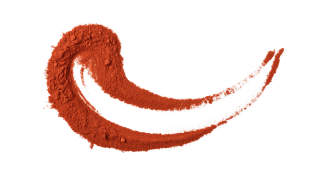 A vibrant red spice powder, possibly paprika or chili, artfully arranged in a flowing, curved pattern against a solid transparent background. background removed