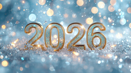 Banner. Shiny gold numbers 2026 and a beautiful bokeh on a blue background. Happy New Year and Christmas.